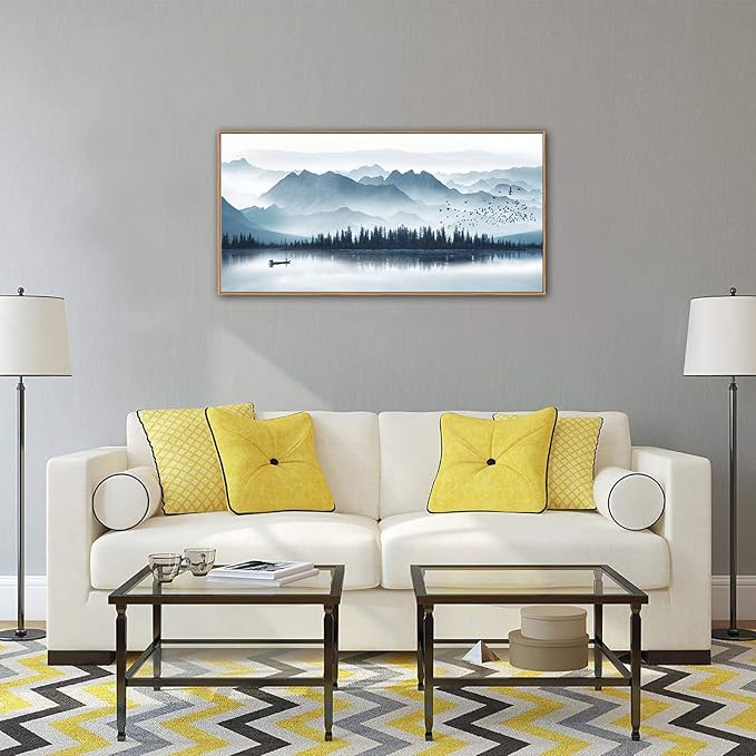 Indigo Framed Canvas Wall Art Misty Mountain Wall Pictures Foggy Lake Boat Canvas Painting Prints Forest Birds Canvas Wall Decor for Living Room Bedroom Decorations Framed 20" x 40" Natural-Ruum Studio Home