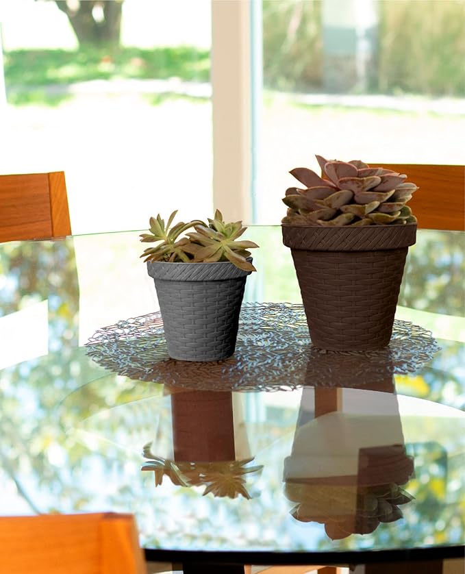 Elly Décor Set of 2 10 inch Round Saucer Modern Self Watering Planter Plates, Pots with Rattan-Like Finish, 10x10 chococlate Brown-Ruum Studio Home