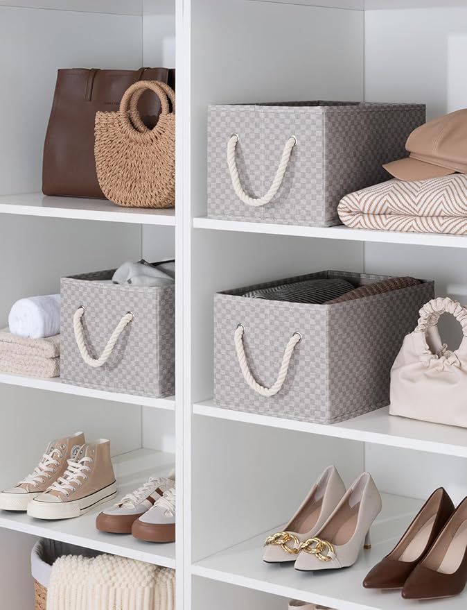 StorageWorks Storage Baskets for Shelves, Foldable Fabric Closet Storage Bins with Handles, Fabric Storage Bins Clothes Organizer, Khaki Check, 3-Pack, Large-Ruum Studio Home
