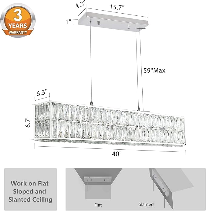 IKK Modern Rectangle Chandelier for Dining Room, Crystal Chandeliers with Stainless Steel in Chrome, Large Rectangular Pendant Light for Kitchen Island L40 x W6.7 x H6.3-Ruum Studio Home