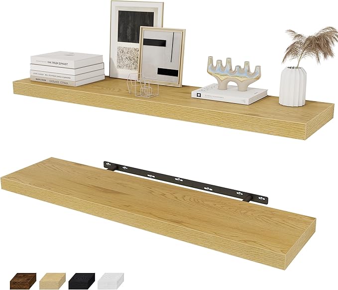 Fun Memories 36 x 8 Inch Floating Shelves for Wall, Farmhouse Bathroom Shelves Set of 2, Wood Wall Shelves 36 Inch Long, 36 x 8 x 1.4 Inch, Oak Color-Ruum Studio Home