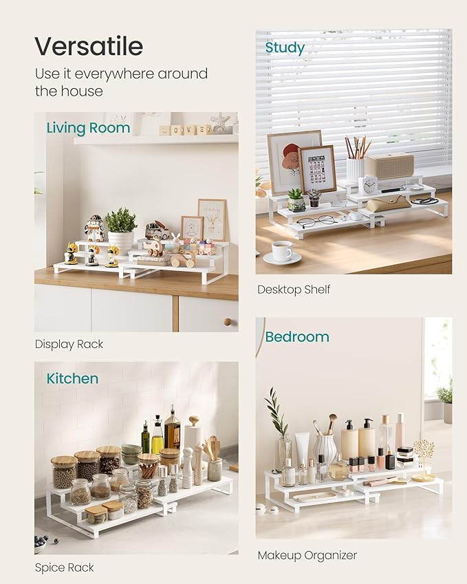 SONGMICS Display Risers, Set of 2 Engineered Wood Perfume Organizer Stand, 3-Tier Cupcake Stand Holder, Spice Rack, Shelf Risers for Figures, Dessert Shelves, Snow White and Cloud White UKCS116W01-Ruum Studio Home