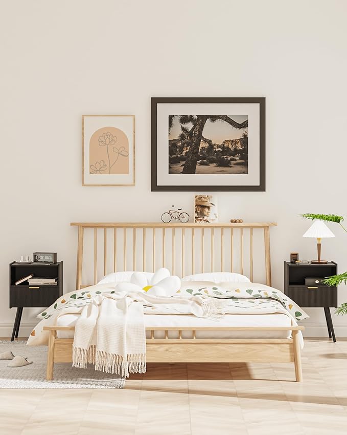 Nightstand,Modern Bedside Table with Storage Drawer and Open Wood Shelf, Accent Night Stand with Solid Wood Legs for Living Room, Bedroom and Small Spaces,Easy Assembly (Black)-Ruum Studio Home