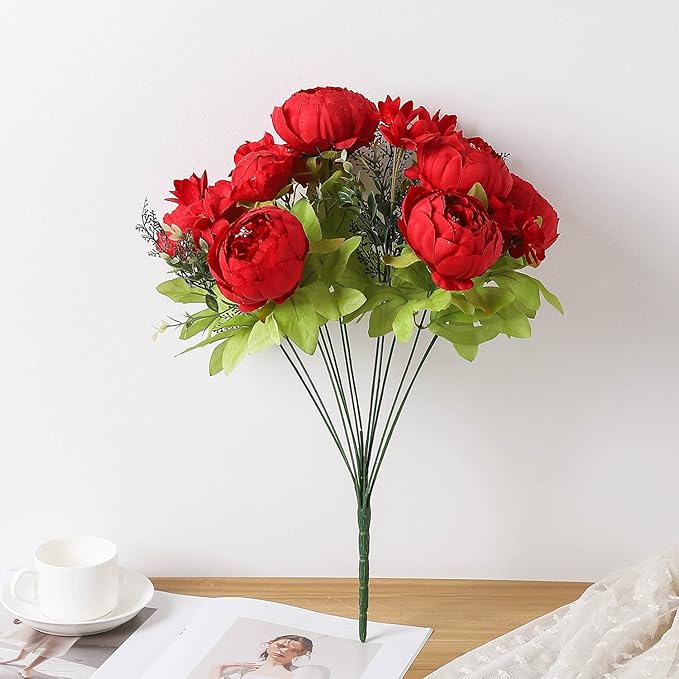 Duovlo Springs Flowers Artificial Silk Peony Bouquets Wedding Home Decoration,Pack of 1 (Spring Red)-Ruum Studio Home