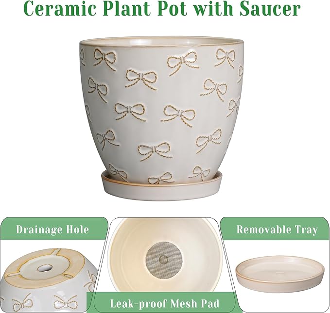 Ceramic Plant Pot 6.9 Inch - Ceramic Planter with Drainage Hole and Saucer Round Planter Flower Pot for Indoor Plants Outdoor Home Garden Office Decor White-Ruum Studio Home