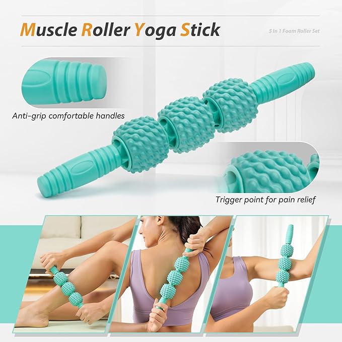 5 in1 Foam Roller Set, Trigger Point Foam Roller, Massage Roller Stick, Massage Ball, Resistance Band for Deep Muscle Massage Pilates Yoga,Fitness Exercise for Whole Body (Pure Turquoise)-Ruum Studio Home