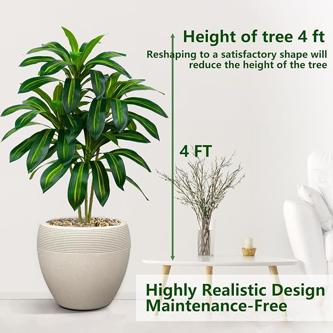 Artificial Dracaena Tree Artificial Silk Tree Faux Tree with White Tall Planter Fake Tropical Yucca Floor Plant (1, White Planter, 4 FT)-Ruum Studio Home