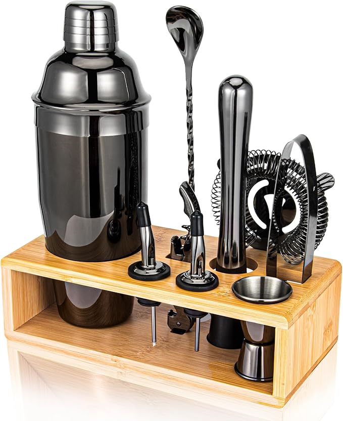 Cocktail Shaker Set, Mixology Bartender Kit 10-Piece Bar Tool Set with Stylish Bamboo Stand, Bar kit: Matini Shaker Mixing Spoon Muddler Jigger Cocksrew for Barware Set | Black-Ruum Studio Home