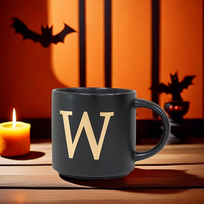 COLLECTIVE HOME - Monogram Ceramic Mugs, 15 oz Golden Initial Black Coffee Cups, Elegant Alphabet Tea Mugs, Elegant Personalized Mug with Gift Box, Unique Mug with Double Side Capital Lette (W)-Ruum Studio Home