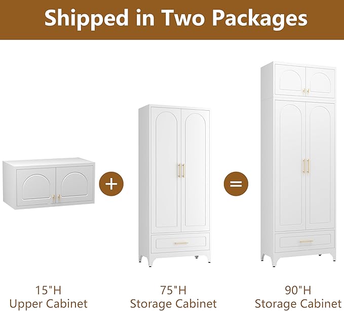 Kitchen Cabinet, 90" Tall Metal Pantry Cabinet, Freestanding Cupboards with One Drawer, Food Storage Cabinets for Dining, Living Room, White, 16" D x 32" W x 90" H, Assembly Required-Ruum Studio Home