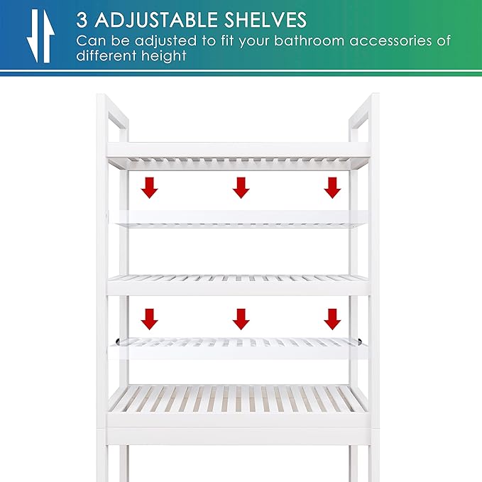 SMIBUY Bathroom Storage Shelf, Bamboo Over-The-Toilet Organizer Rack, Freestanding Toilet Space Saver with 3-Tier Adjustable Shelves (White)-Ruum Studio Home