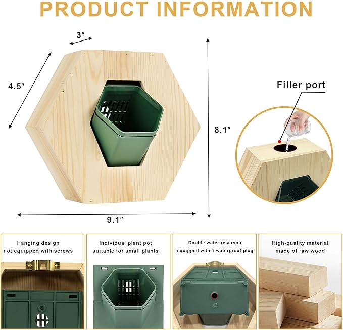 Hexagonal Wooden Wall Planter, Self Watering Living Vertical Planters Indoor, Wooden Frame Planter Wall Decoration Home Office 2pc-Ruum Studio Home
