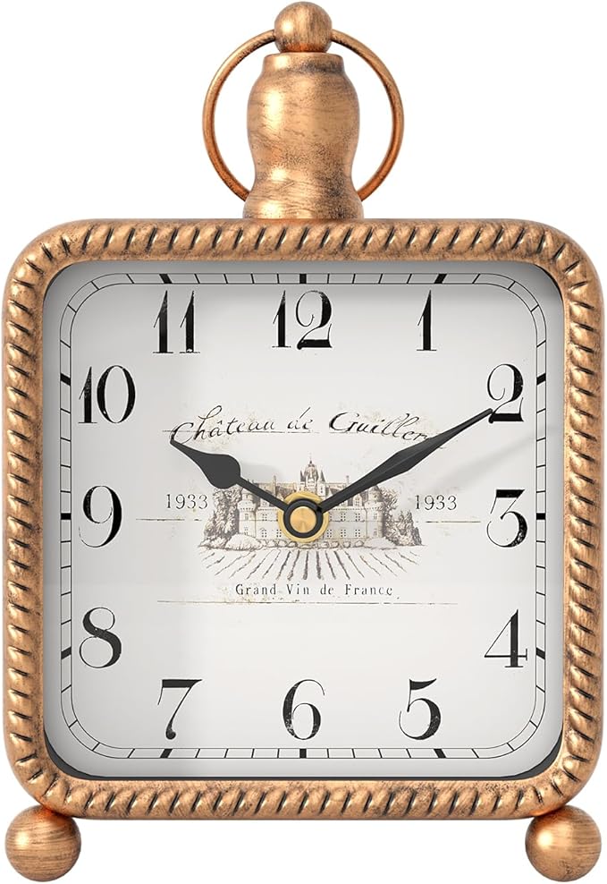 Vintage Gold Table Clock on Stand, Desk and Shelf Decor Clock, French Rustic Style Non-Ticking Mantel Clocks for Farmhouse, Living Room, Bedroom, Bedside, Gift (8.5" H x 5.5" W)-Ruum Studio Home