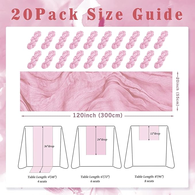 Light Pink Cheesecloth Table Runner 20 Pack 10FT Rustic Gauze Fabric Cheese Cloth Table Runner for Wedding 20 x 120 Inch Long Bridal Baby Shower Table Decorations Boho Sheer Birthday Party Table Decor-Ruum Studio Home
