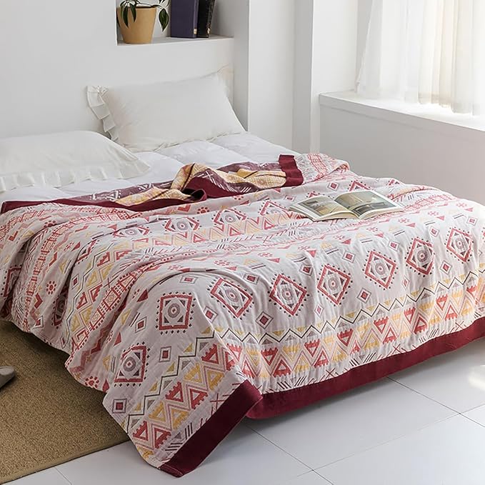 Boho Muslin Blanket for Adults 4-Layer Gauze Twin Size Soft Cozy 100% Cotton Cooling Blanket Red Geometric Farmhouse Decor for Sofa Bed Coverlet Both Sides (Boho-G-Red, Twin 60 x 80 in)-Ruum Studio Home