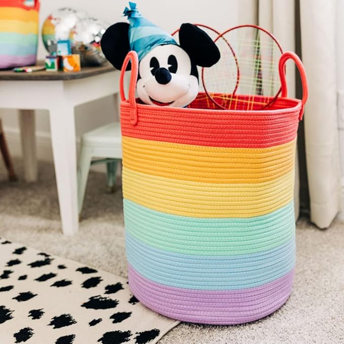 OrganiHaus Tall Rainbow Rope Blanket Basket for Living Room Decor, Cute Woven Baby Laundry Basket, Baby Nursery Hampers for Toys, Kids Laundry Hamper for Dirty Clothes, Decor for Kids Classroom-Ruum Studio Home