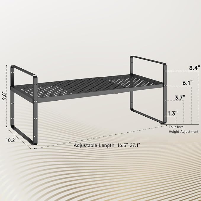 Hole Pattern Expandable Shelf Organizer,1Pack 10.2" Wide Easy to Assemble Cabinet Organizer Shelf, 16.5~27.1" Adjustable Height&Stackable Spice Organization for Cupboard, Black-Ruum Studio Home