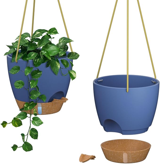 ZMTECH 10 Inch Hanging Planters for Indoor Outdoor Plants, 2 Pack Self Watering Hanging Plant Pots with Drainage Holes and Removable Saucer, Plastic Flower Hanging Pots with Watering Lip (Blue)-Ruum Studio Home