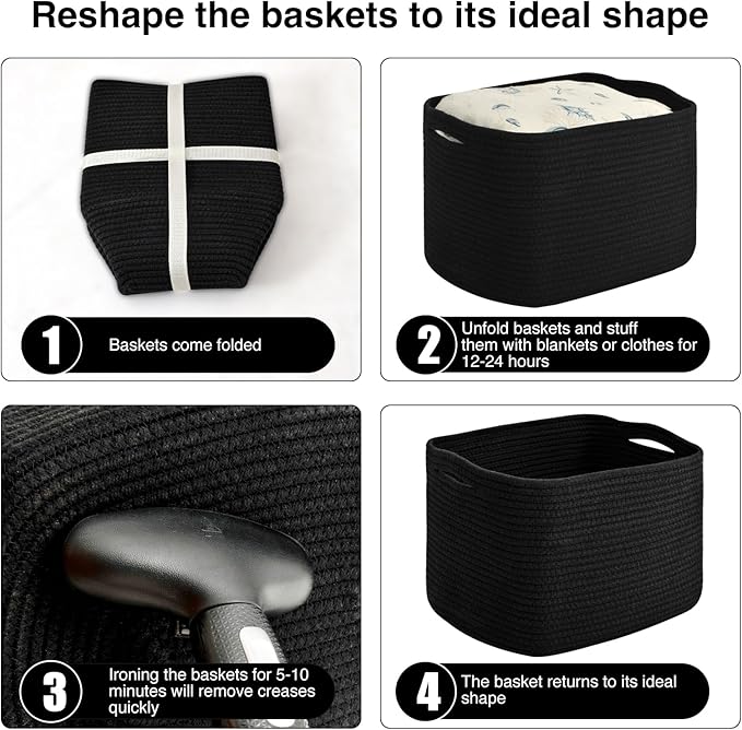 Storage Baskets for Organizing & Shelves, Woven Cotton Rope Organization Bins for Dog Toys, Clothes, Books, Nursery Organizer, 15" Lx11''Wx9.5''H, (4 Packs) Black-Ruum Studio Home