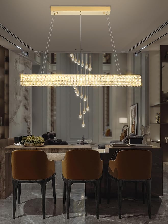 W48 Rectangular Gold Crystal Chandelier Modern Rectangle Pendant Ceiling Light Fixture for Living Room Dining Room Kitchen Island Bar-Ruum Studio Home