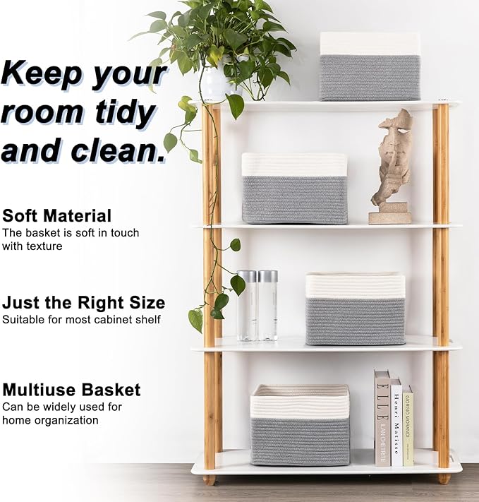 4 Pack Storage Baskets for Organizing, Woven Baskets for Shelves - Perfect for Toys, Books, Towels, and Clothes, Durable Gift Basket Bins Toy Storage, 12.7''L x9''W x7.8''H, Grey and White-Ruum Studio Home