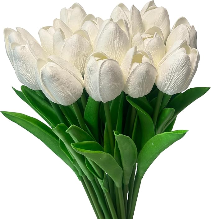 15pcs White Tulips PU Artificial Flowers Real Touch Fake Tulips for Spring Easter Home Kitchen Wedding Bouquet Bulk Mother's Gift Day Decorations-Ruum Studio Home