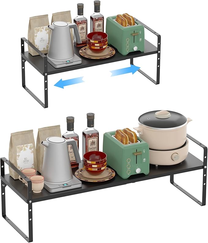 iPEGTOP Expandable Cabinet Storage Shelf Organizer, Heavy Duty Steel Metal Spice Rack Adjustable Height Home Office Garage Pantry Shelf Space Riser for Counter Kitchen Organization, Black, 1 Pack-Ruum Studio Home