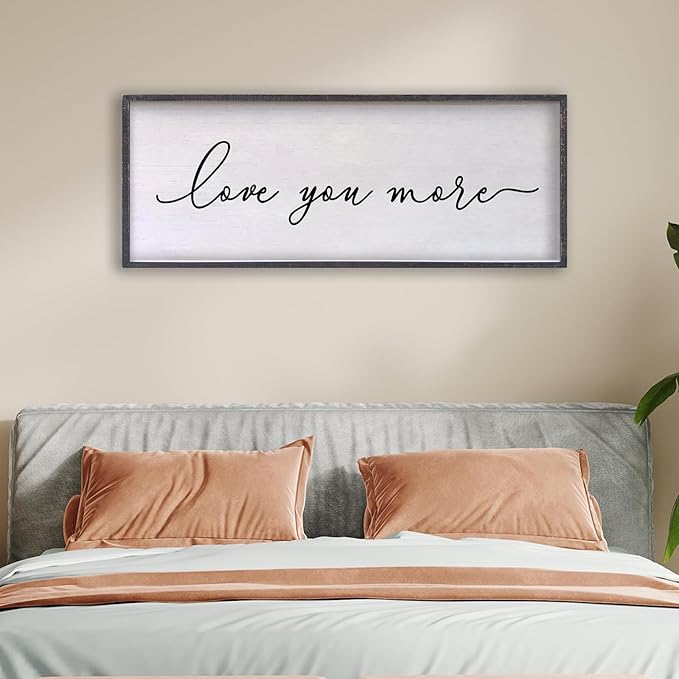 Love You More Sign Wall Decor 24×10 Inch Above Bed for Master Bedroom Ready to Hang Wood Framed Art (Black)-Ruum Studio Home