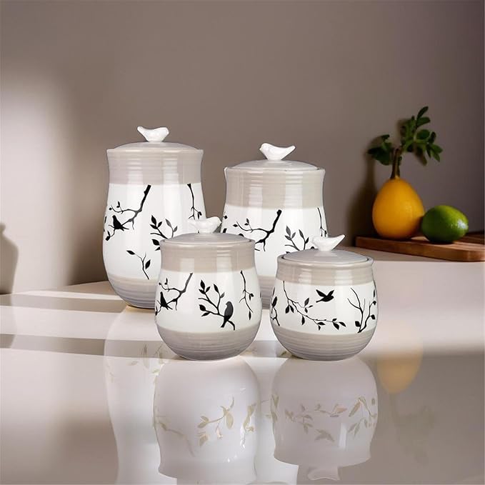 Young's Inc. 4 Pcs Set Botanical Ceramic Canisters- Storage Container for Kitchen and Bathroom - Beautiful Home Decor Accent to Store Food, Coffee, Tea, and More - Brown, White-Ruum Studio Home
