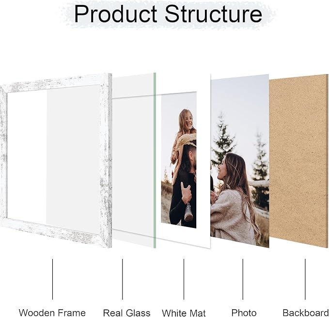 12x12 Picture Frame Set of 4, 12 x 12 Wood Photo Frames with Mat for 10x10 or 30x30cm Diamond Painting Art, Wooden Frame with Real Glass Cover for Wall and Tabletop Display,Distressed White-Ruum Studio Home