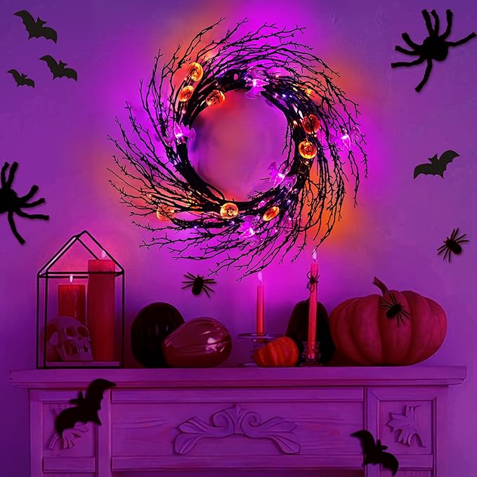 7 Ft 63 LED Halloween Willow Vine Twig Garland with 8 Modes Timer Orange Purple 21 Pumpkin Bats Lights,Halloween Garland with Waterproof Battery Operated for Indoor Wall Fireplace Decorations-Ruum Studio Home