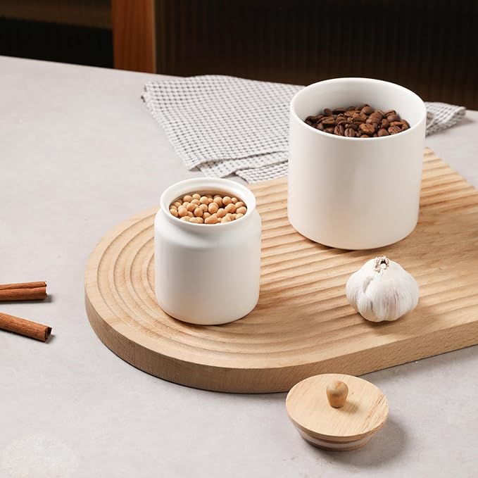 Sweejar Ceramic Kitchen Canisters, Porcelain Food Storage Jar with Airtight Seal Wooden Lid, Home Container Serving for Coffee Beans, Tea-leave, Sugar, Salt and More (White, XS(6.8 FLOZ))-Ruum Studio Home