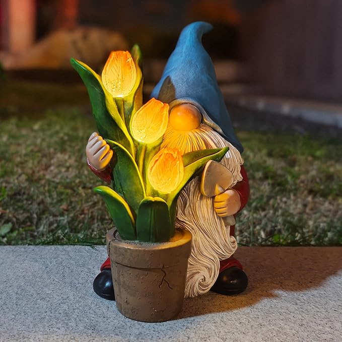 COWOS Garden Gnome Statue, Sculpture of a Dwarf Holding a Shovel and a Flower Pot, Solar Gnome Statues Outdoor Decor, Outside Lawn Patio Yard Ornament Gifts-Ruum Studio Home