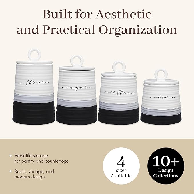 Young's Inc. 4 Pcs Set Rustic Modern Ceramic Canisters- Storage Container for Kitchen and Bathroom - Beautiful Home Decor Accent to Store Food, Coffee, Tea, and More - Black, White-Ruum Studio Home