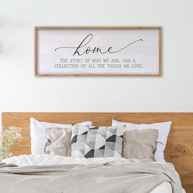 Home The Story of Who We Are Sign Farmhouse Family Wall Decor 32x12 Inch Plaque Wood Framed Art for Hanging (Wood)-Ruum Studio Home