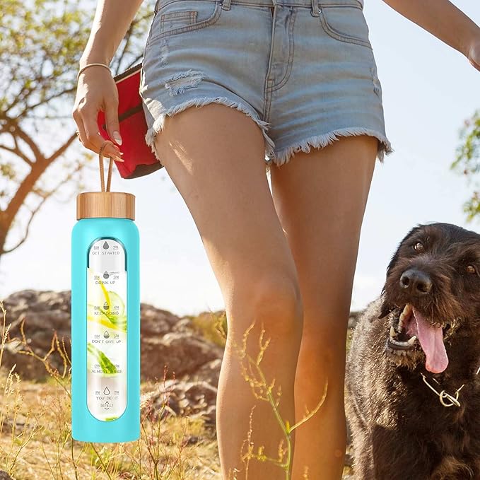Aqulea Glass Water Bottles 32 Oz with Silicone Sleeve - BPA Free Reusable Wide Mouth Glass Motivational Water Bottles with Fruit Infuser – Leak Proof Borosilicate Water Bottle with Time Marker (Teal)-Ruum Studio Home
