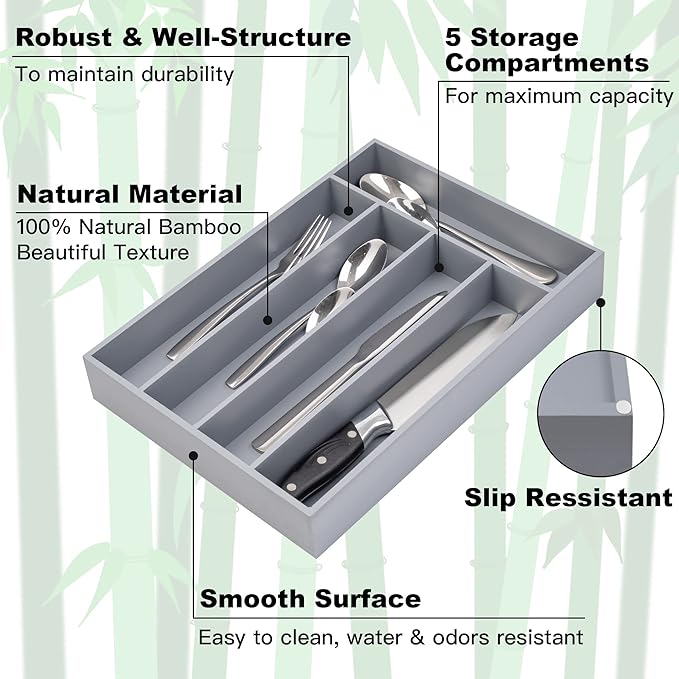 Bamboo Silverware Holder - Drawer Organizer with 5 Slots (Gray)-Ruum Studio Home