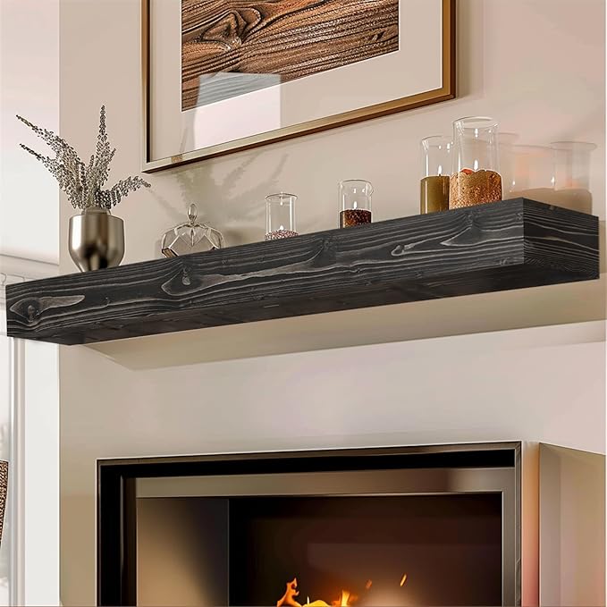 60x8x5 Fireplace Mantel - Handcrafted Hollow Rustic Solid Wood Wall Mounted Floating Shelf with Invisible Heavy Duty Wood Bracket (Weathered Black)-Ruum Studio Home