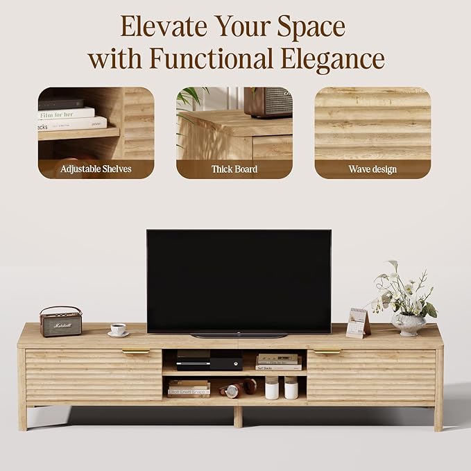 TV Stand for Living Room - up to 80 Inch TVs Mid Century Modern Entertainment Center with Storage and Adjustable Shelves, Media Console Table Oak 70"-Ruum Studio Home