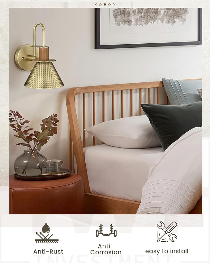 Antique Brass Wall Sconce, HWH Gooseneck Barn Wall Light Fixtures, 1-Light Single Wall Vanity Light, Farmhouse Wall Lamp for Bedroom Bedside Kitchen Hallway, Hammered Metal Shade, 5HZG74B-L BG-Ruum Studio Home