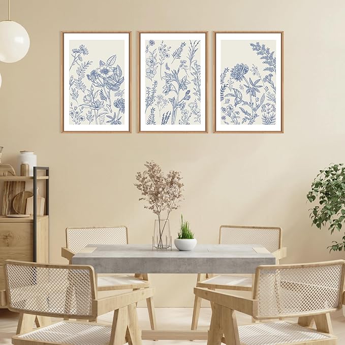 HPINUB Classic Chinoiserie Floral Framed Canvas Wall Art Set,Watercolor Blue and White Botanical Flowers Wall Decor,Navy Blue Minimalist Wildflower Art Print for Living Room,Bedroom,Office-16 x24 x3-Ruum Studio Home