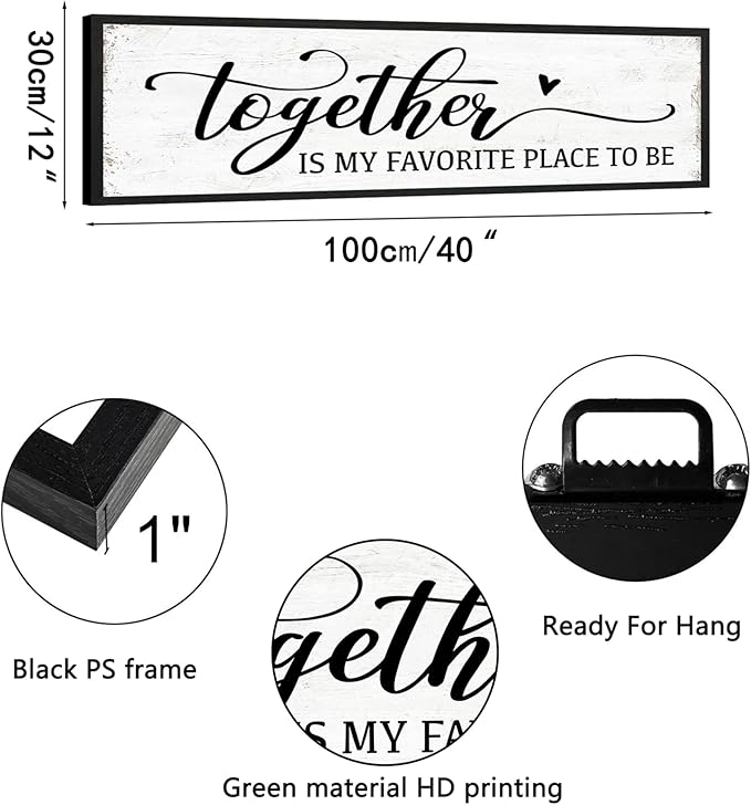 Together is My Favorite Place to Be Sign: Couples Bedroom Wall Decor Above Bed Modern Framed Farmhouse Rustic Family Signs Master Bedroom Wall Decor Hanging Wall Plaques with Sayings 12" x 40"-Ruum Studio Home