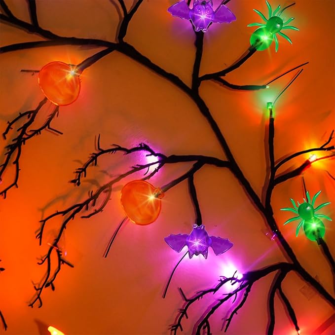 [8 Modes & Timer] 6 Ft Halloween Willow Vine Twig Decor Garland with Bats Pumpkins Spiders Lights, 54 LED Battery Operated Halloween Lights for Indoor Home Mantle Fireplace Decor-Ruum Studio Home