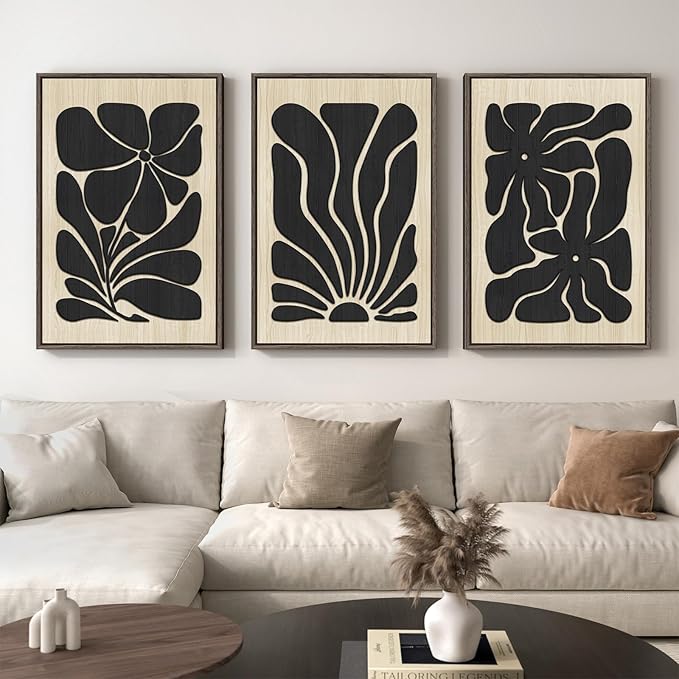 Framed Textured Wood 3D Wall Art for Living Room, Large Boho Floral Black and Beige Artwork for Walls, 3 Piece Abstract Bohemian Flower Wood 3D Art for Office Bedroom Hallway Wall decor, 24x36 Inch-Ruum Studio Home