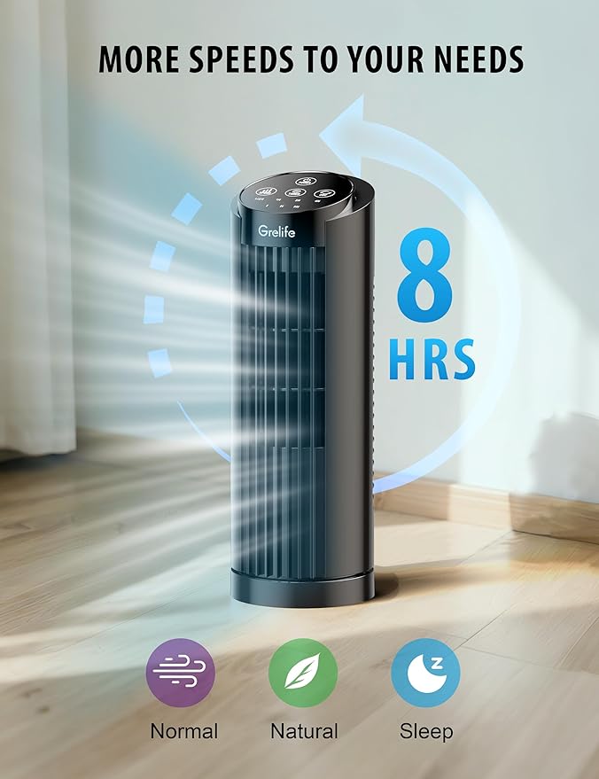 Grelife 13'' Tower Fan for Bedroom, 26dB Quiet Floor Fan with Remote, 3 Mode, 1-8H Timer, 90° Oscillating Fans for Indoors with 27ft/s Velocity, Portable Desk Table Fan for Room, Home, Office,Black-Ruum Studio Home