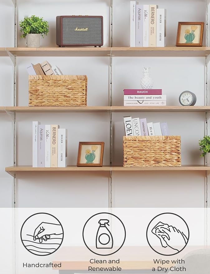 StorageWorks Wicker Basket, Baskets for Organizing, Storage Basket with Built-in Handles, Water Hyacinth Shelves (Medium 2-Pack, Natural Hyacinth)-Ruum Studio Home