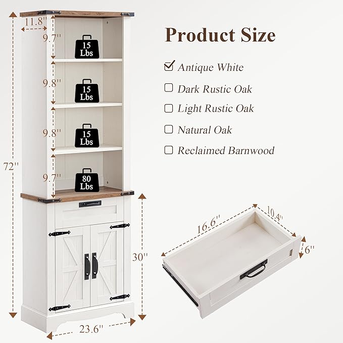 RedLemon Bookshelf with Storage Cabinet, 72" Tall Farmhouse Bookcase with Adjustable Shelves and Barn Door, 4 Tier Office Wood Bookshelf with Drawer for Office Library Living Room (Antuique White)-Ruum Studio Home