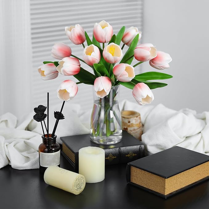 Light Pink Artificial Tulips, 2 Bundles 14Pcs, Fake Tulips Artificial Flowers, 2 x 2.4 Inch Large Flower Head Big Tulip, Easter Valentine's Day Mother's Day Home Decoration Flowers-Ruum Studio Home