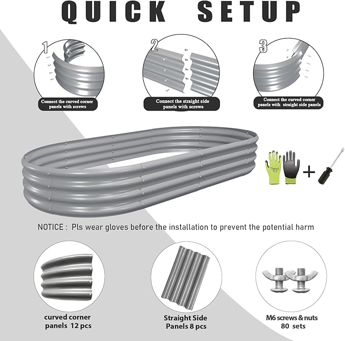 2 Pack 6x3x1FT Galvanized Raised Garden Bed Kit Oval Metal Ground Planter Box Outdoor Bottomless Planter Raised Beds for Vegetables Flowers Herbs Fruits, Gray-Ruum Studio Home