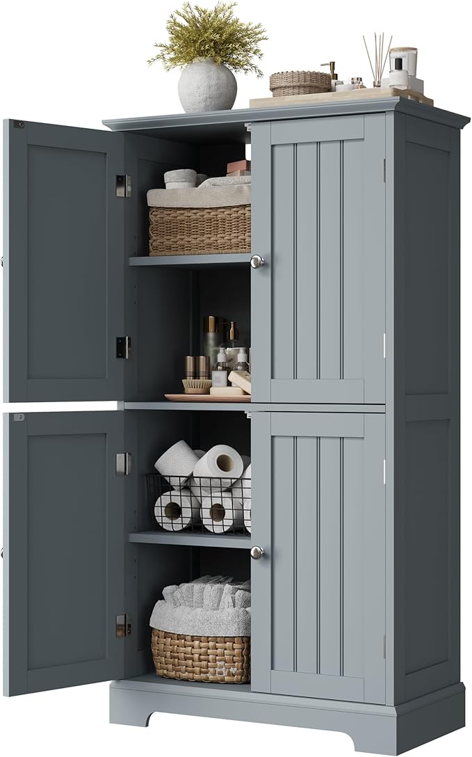 ChooChoo Bathroom Floor Cabinet, Modern Bathroom Storage Cabinet with 4 Doors and Adjustable Shelves, Freestanding Cupboard for Living Room, Grey-Ruum Studio Home
